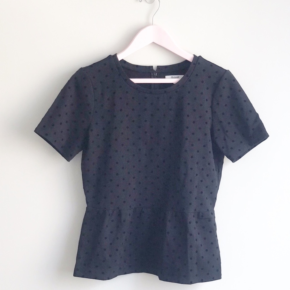 Madewell Black Velvet Polkadot Peplum Top
